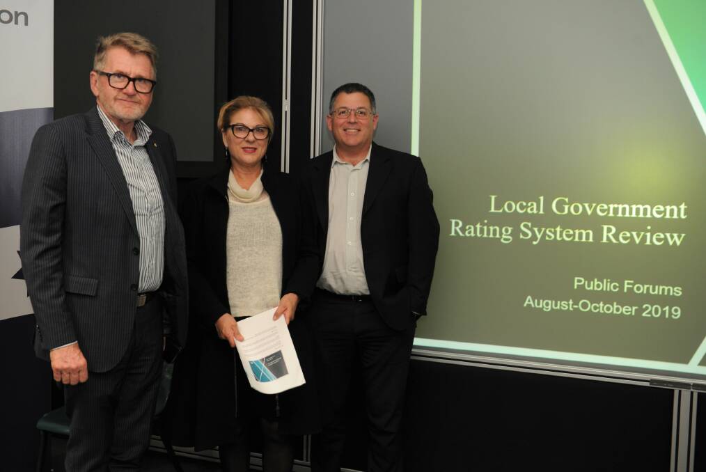 Local Government Rating System Review panel Mr John Tanner, chairwoman Dr Kathy Alexander and Dr Ron Ben-David at the Horsham forum. Picture: JADE BATE