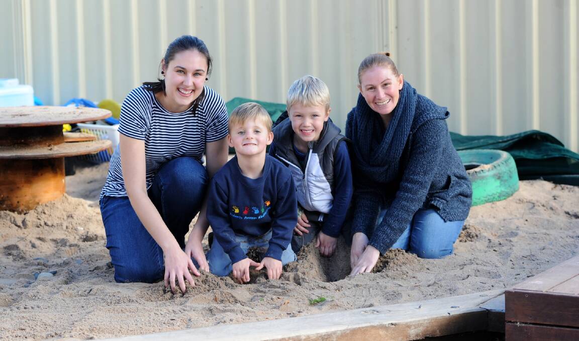 Roberts Ave Kinder educators Breanna O'Brien and Michelle Sonego with Oliver McMaster and Rocco Williams. The kinder received a Landcare grant last year. Picture: SAMANTHA CAMARRI