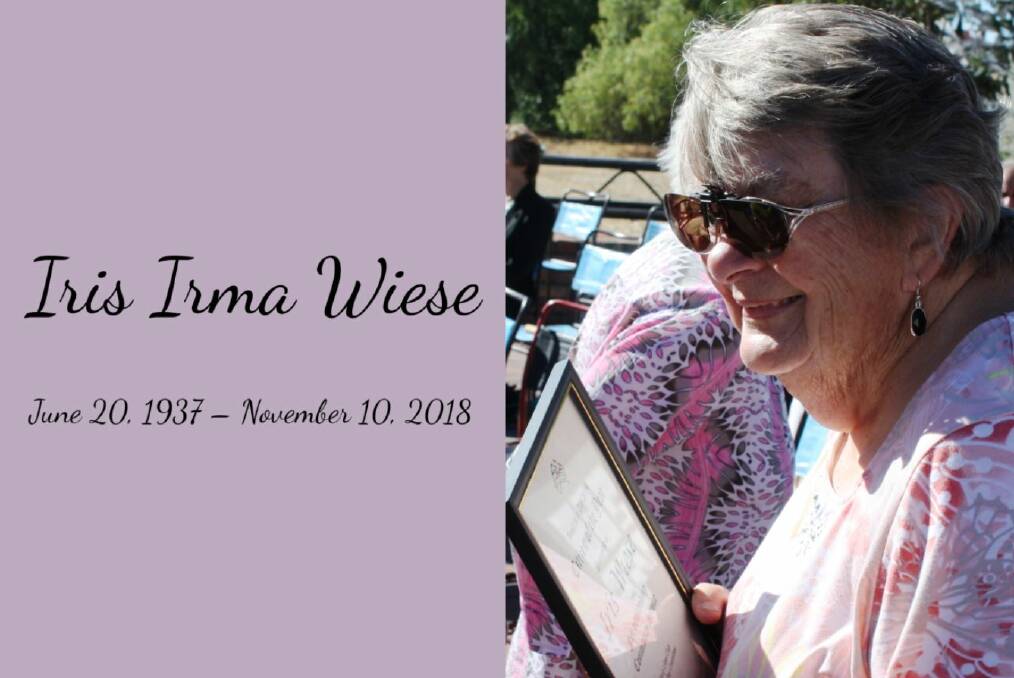 REMEMBERING IRIS: Minyip resident Iris Wiese died on November 10 at the age of 81. She is pictured here with her Citizen of the Year award in 2014.