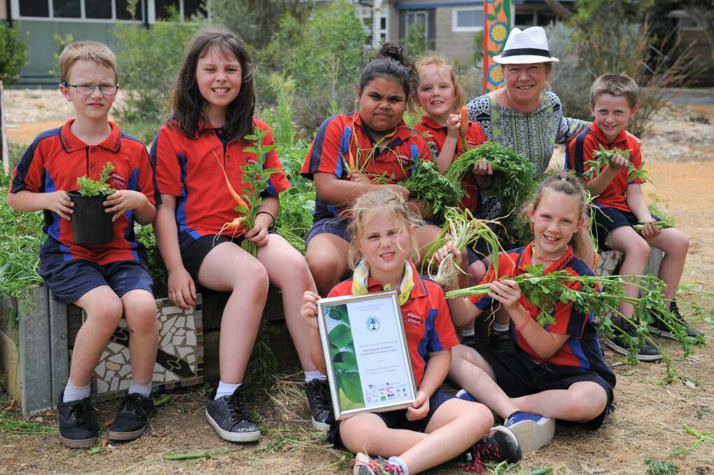 Horsham Primary School Rasmussen Campus won Most Engaging Garden for Learning at the Victorian Schools Garden Awards. Pictured are students Cameron Robson, Abby Worrell, Narla Kennedy, Ryan Williams, Trey Lawrence, Stevie Clark and Rebecca Williams, with garden club leader Melissa Powell. Picture: JADE BATE