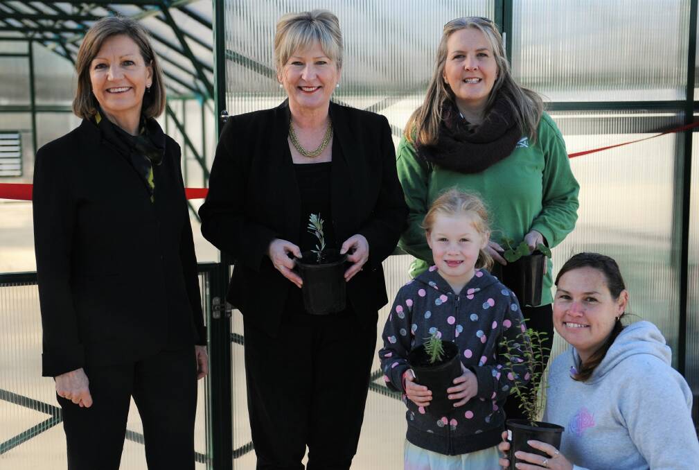 STUDY OPTIONS: Federation University Vice-Chancellor and President Professor Helen Bartlett, Training and Skills Minister Gayle Tierney, FediUni TAFE horticulture students Melissa Thomas and Marg Priestley, with Marg's daughter Payton-Rose Priestley. Picture: JADE BATE