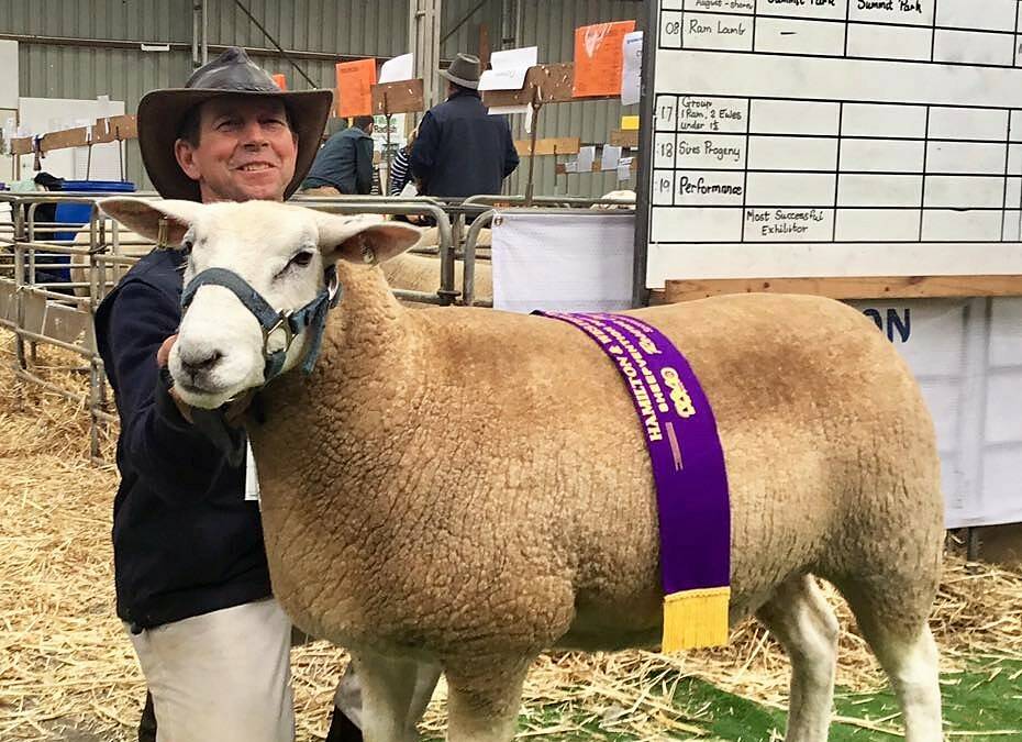 WINNERS: Antwerp’s Mertex Texel and White Suffolk Stud principal Basil Jorgensen with his Reserve Champion Texel ewe at Sheepvention. Picture: CONTRIBUTED 