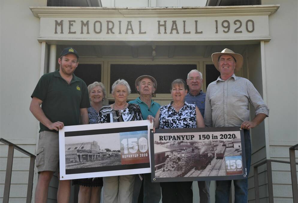 HISTORY: Rupanyup 150 Celebration committee member Brad Teasdale, Rupanyup Memorial Hall Committee secretary Sandra Coats, Rupanyup Memorial Hall secretary president Val Hemphill, Rupanyup A & P Society president Barry Baker, Rupanyup 150 Celebration committee member Lynette Teasdale, resident James Matthews and Rupanyup 150 Celebration committee chairman Russell Dunlop. Picture: JADE BATE