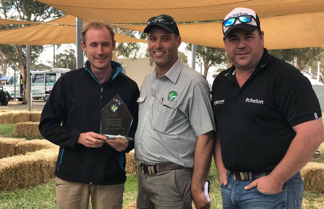 Agribusiness Innovation of the Year was awarded to the QuickDraw chemical batching station. Pictured are Oliver Smith from AJS Machinery, WMFD committee president Chris Bartlett and Jordan Lee from Landmark Australia. Picture: JADE BATE