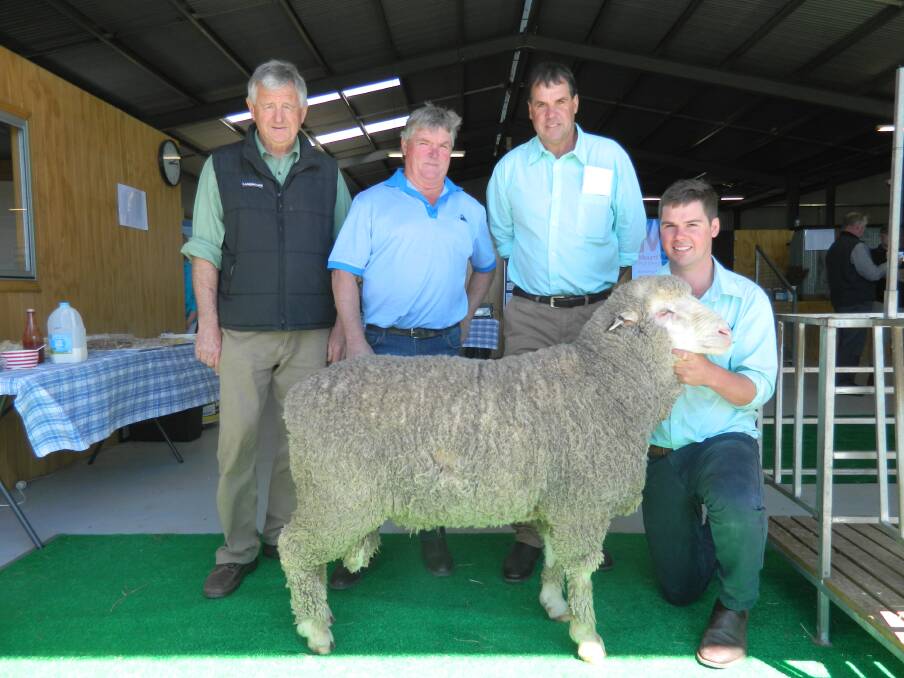 TOP RAM: Landmark auctioneer Andrew Sloan, with top-priced buyer Peter Remfry, Willaura, and Mount Yulong stud co-principals Peter and Daniel Rogers.