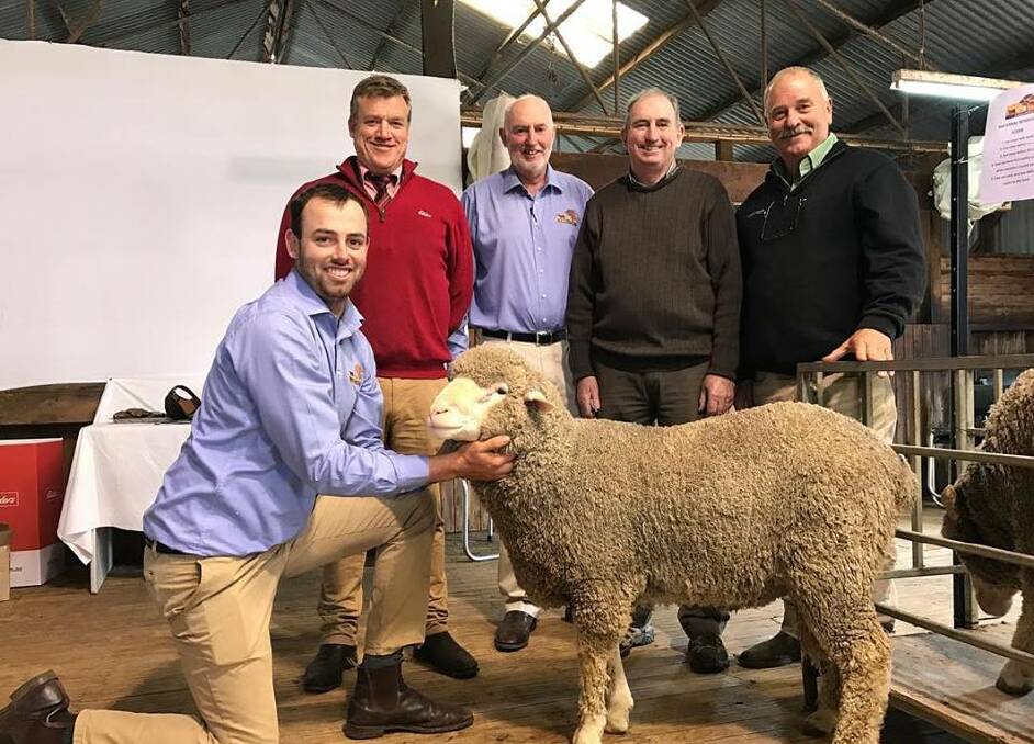 TOP RAM: Kurra-Wirra farm manager Anthony Close, with Andrew Howells, Elders, managing director Robert Close, top-priced buyer Laurie Close, 'Clarkes Lake Trading', Apsley, and Kevin Beaton, Landmark.