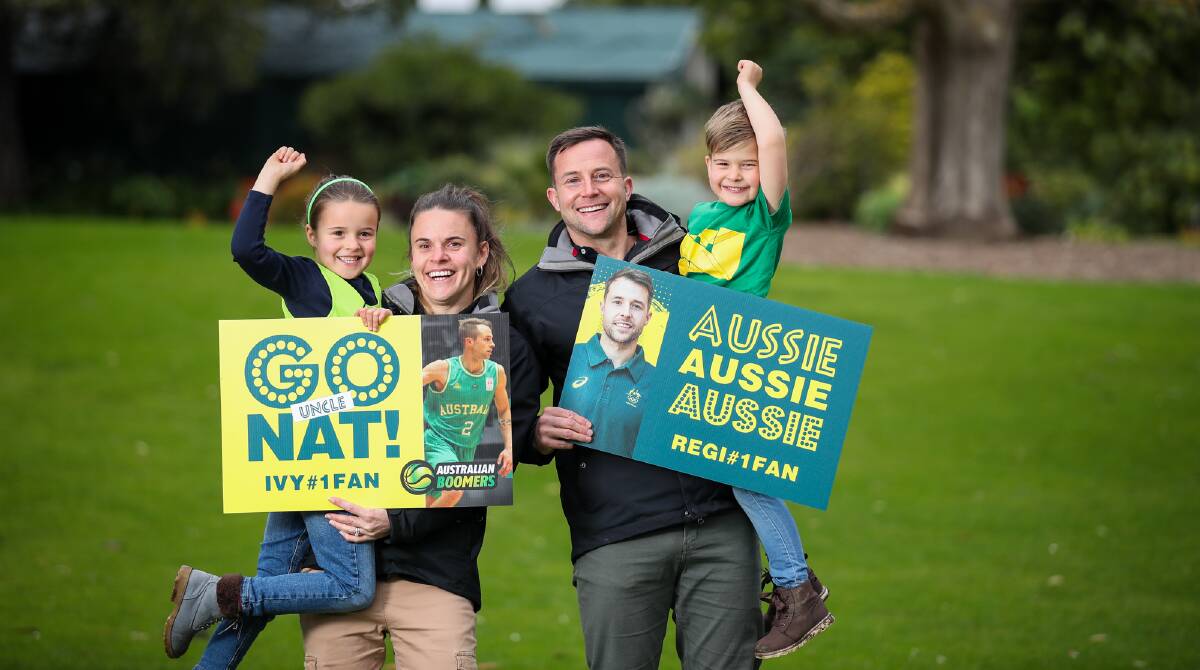 OUR NUMBER ONE: Nathan Sobey's support crew in Warrnambool - niece Ivy Sobey, 7, sister-in-law Elisha Sobey, brother Josh Sobey and nephew Regi Sobey, 4. Picture: Morgan Hancock 
