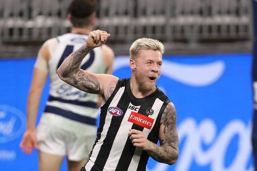 Collingwood's Jordan De Goey celebrates a goal during the match against Geelong at Optus Stadium, Perth, last Thursday, July 16. Photo: Paul Kane/Getty Images