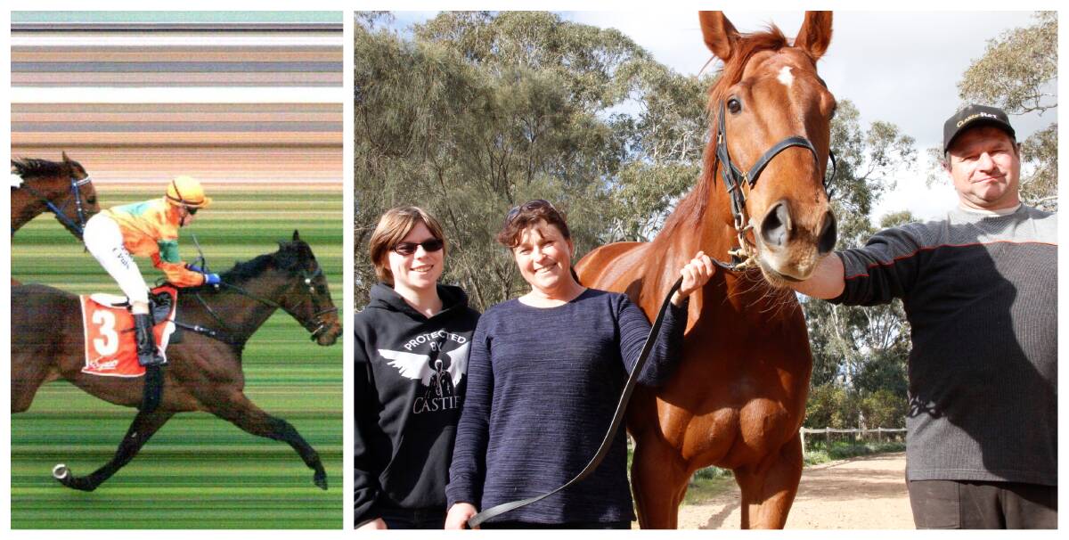 Rocktheblock (left), Rowe family with drought-breaking horse Melbourne Hero (right)