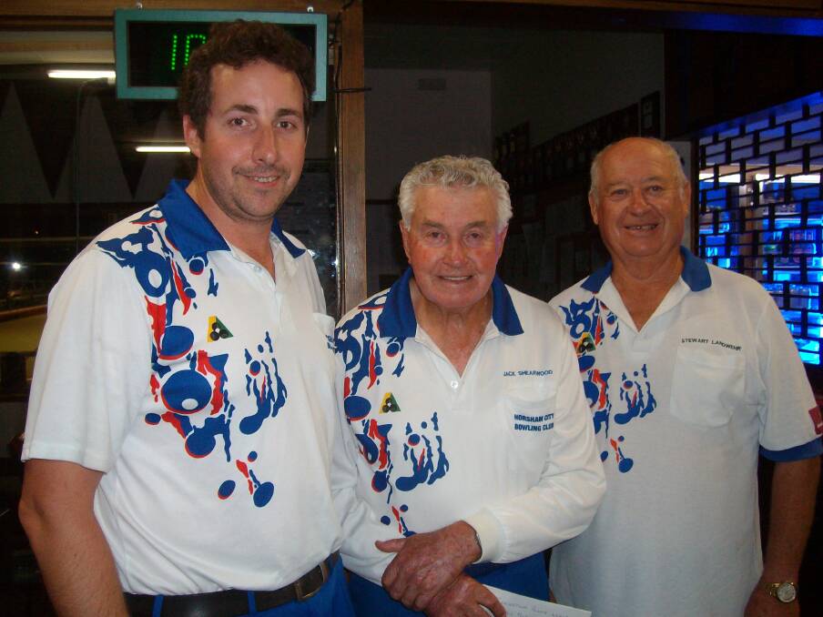 TRIUMPH: The Horsham City team of Michael Turner, Jack Shearwood and Stewart Landwehr claimed victory in the club's twilight Two-Bowl Triples Tournament.