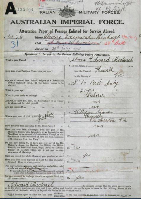 RECORDS: Edward Michael Shone's attestation papers for the Australian Imperial Force. Picture: SUPPLIED