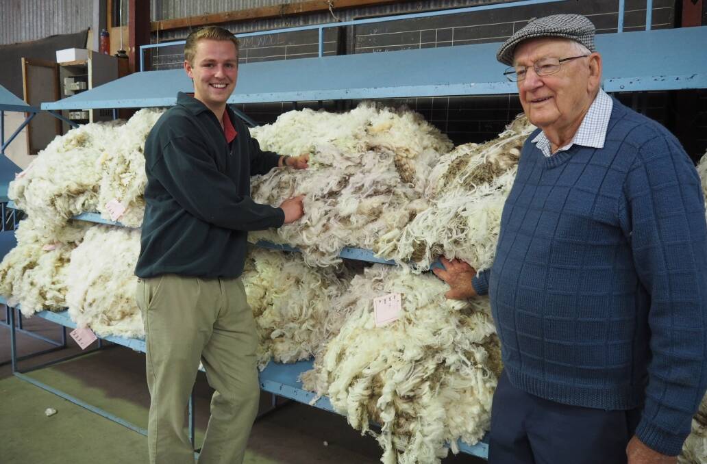 ON SHOW: Horsham Agricultural Society's Zack Currie and Brian Kuchel look at some of the fleeces submitted for judging in this year's Horsham Show. Picture: Daina Oliver
