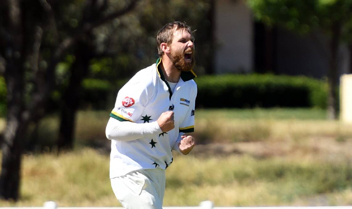 GOT HIM: West Wimmera's Nathan Alexander celebrates a wicket against the Horsham Saints at the weekend. Picture: MATT CURRILL