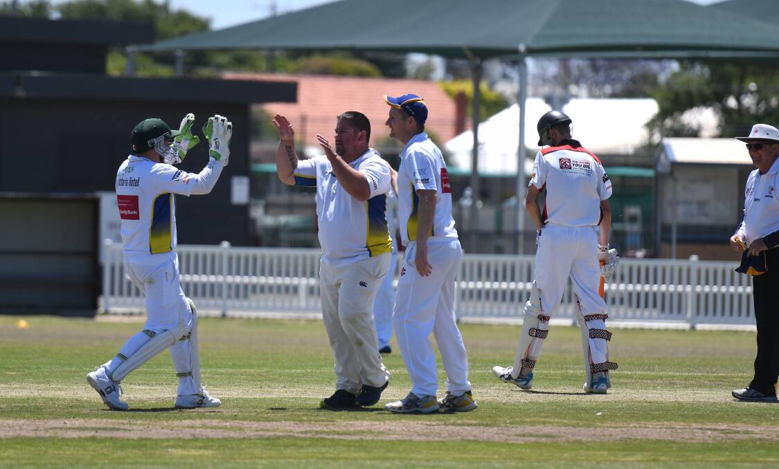 Blackheath-Dimboola's Chris Hauselberger celebrates a wicket with wicket keeper Dan Polack. Picture: RICHARD CRABTREE