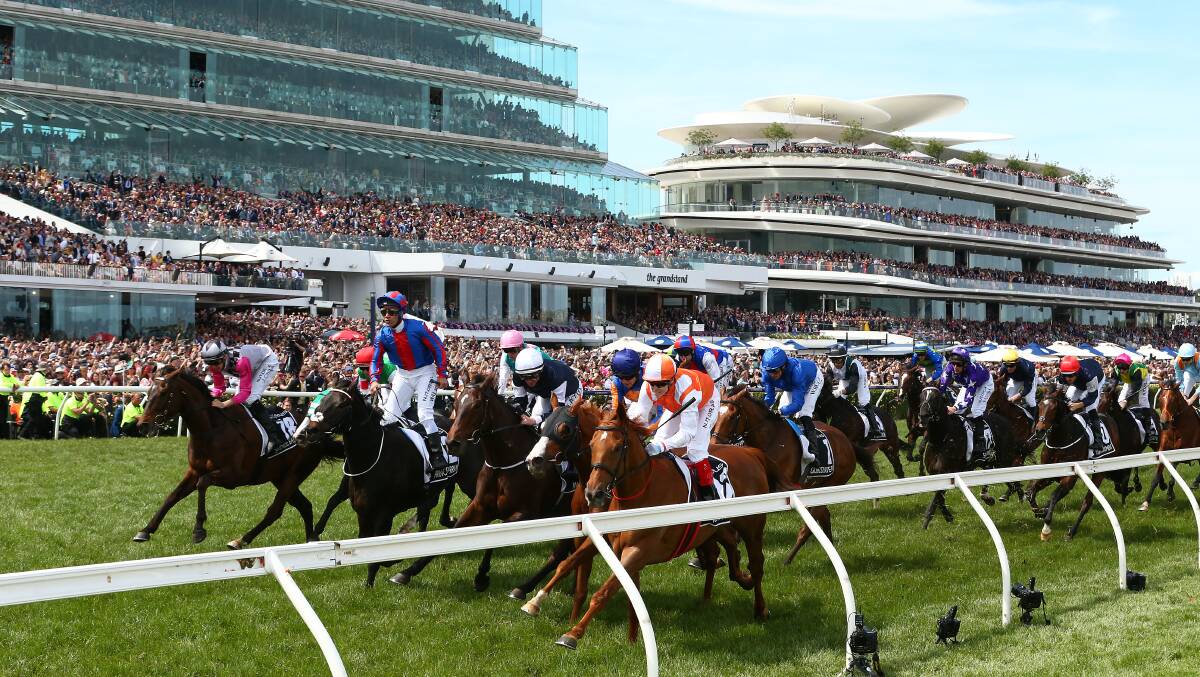 Surprise Baby, far left, coming down the outside of the pack in the 2019 Melbourne Cup. Picture: GETTY IMAGES 