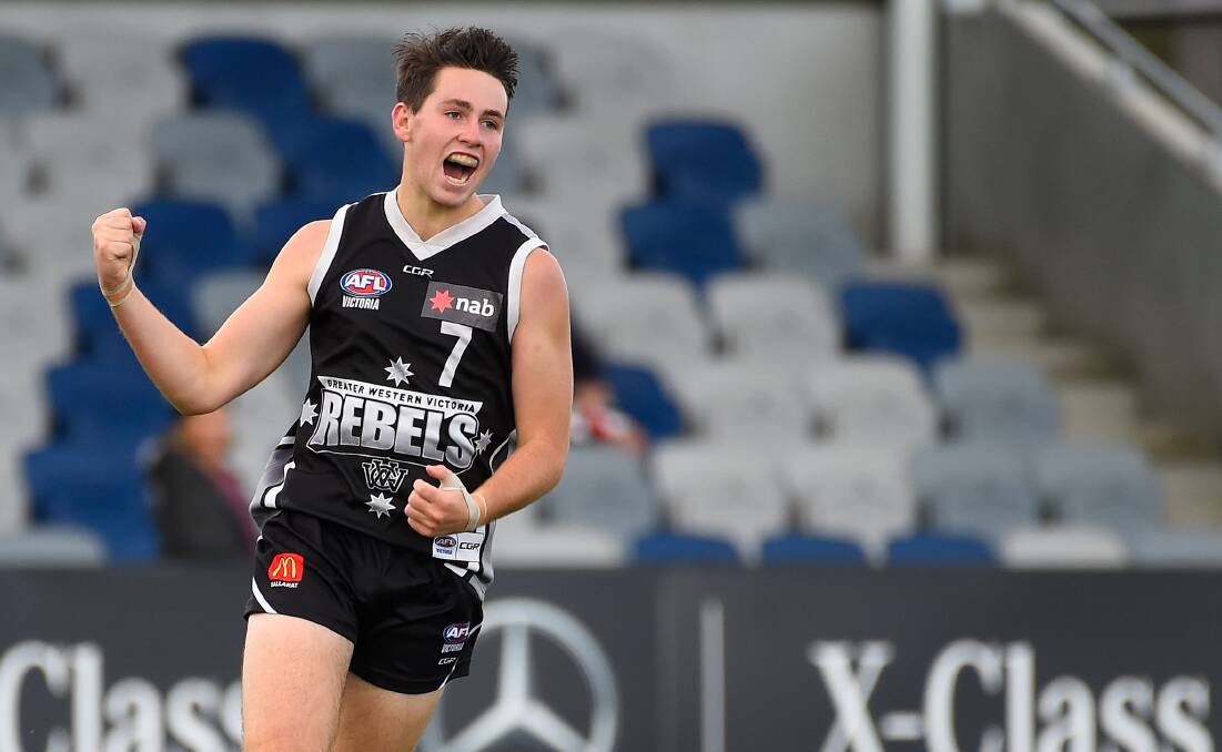 Mitch Martin celebrates after kicking a goal for the GWV Rebels last season. Picture: ADAM TRAFFORD/BALLARAT COURIER
