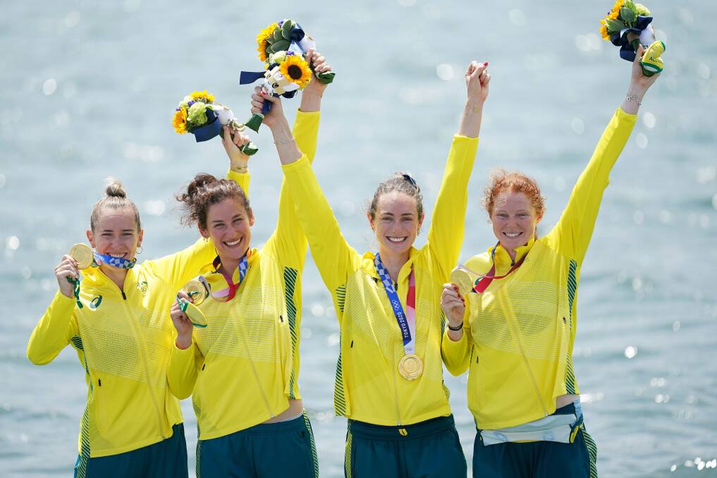 WORLD-BEATER: Lucy Stephan celebrating Olympic gold with her crew. Picture: ROWING AUSTRALIA