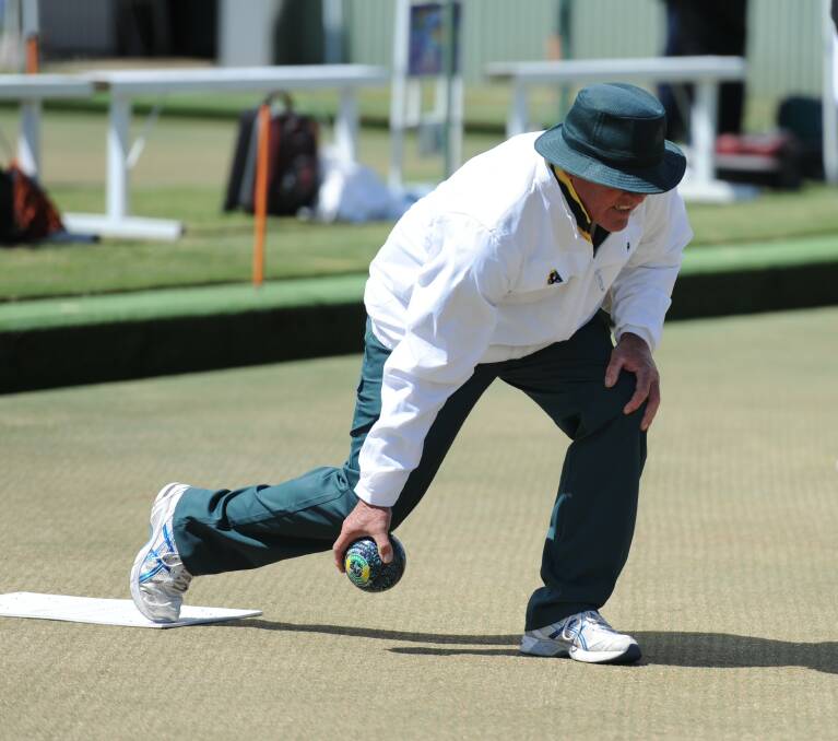 IN ACTION: Dimboola's Greg Cook shapes up to send a bowl down. 