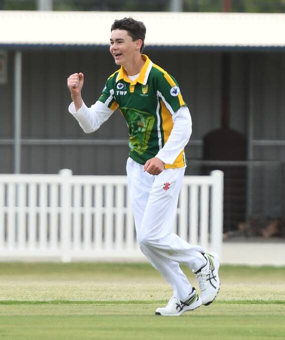 Wimmera-Mallee's Elliot Fitzpatrick celebrates a wicket on Tuesday. 