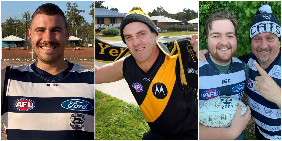 BIG DANCE: Former Edenhope-Apsley player Josh Clissold, Ararat AFL export Scott Turner, and Horsham father-and-son Cats fans Jack and Tony Sleep will watching nervously on Saturday. 
