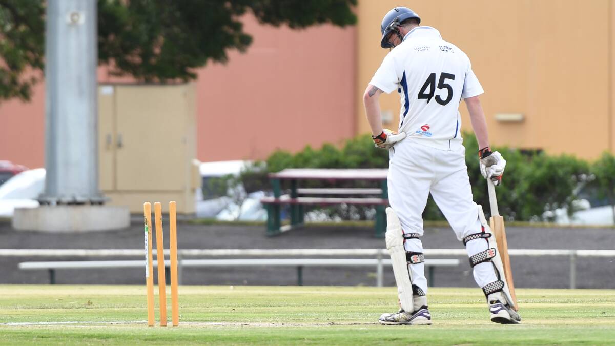 West Wimmera's Austin Smith looks on in despair after he was bowled. Picture: MATT CURRILL