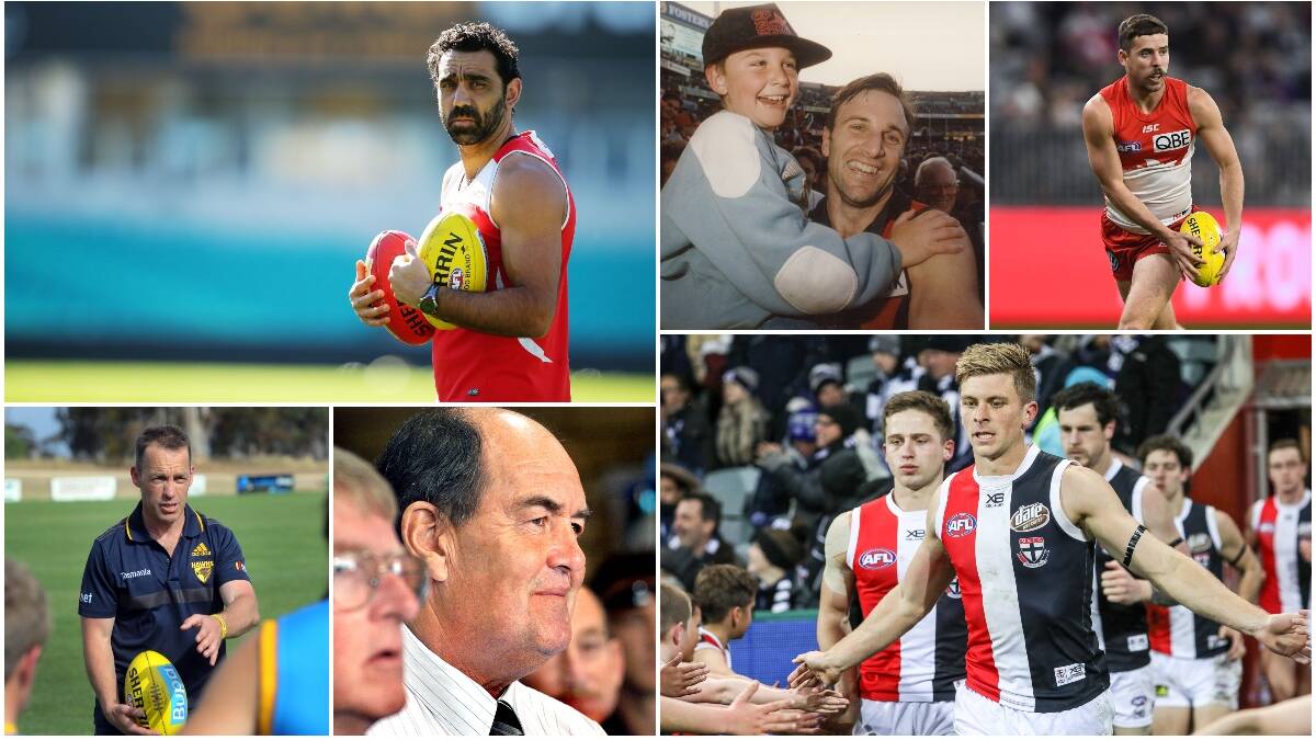 From left: Adam Goodes, Tim Watson, Jake Lloyd, Alastair Clarkson, Doug Wade and Seb Ross. Pictures: MATT KING/GETTY IMAGES, IAN KENINS, DANIEL CARSON/AFL PHOTOS, COREY SCICLUNA and MAIL-TIMES PHOTOGRAPHERS