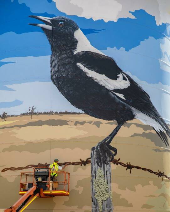 Carran paints the magpie at the Goroke silo art. Picture: CONTRIBUTED