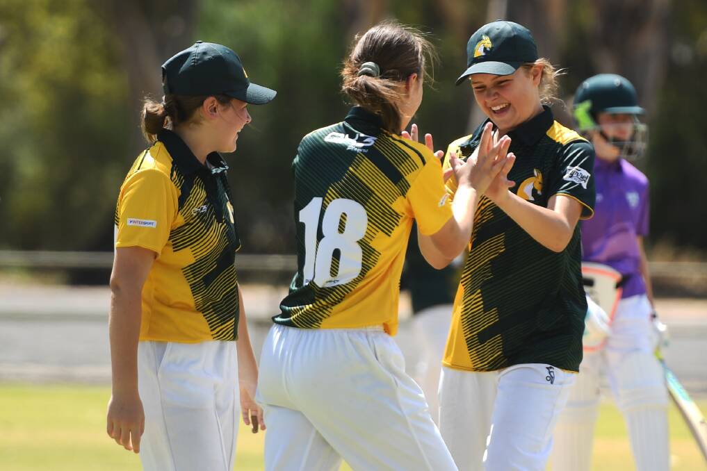 WINNERS ARE GRINNERS: Abbey Williams, Isobelle Schorback and Maya Schorback celebrate a Wimmera Roos wicket. Picture: MATT CURRILL