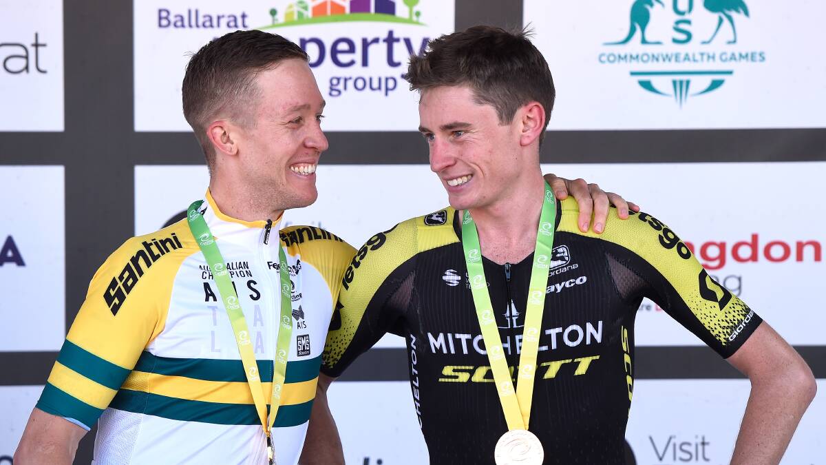 GIRO OVER Lucas Hamilton (right) next to Cameron Meyer after the 2020 Cycling Australia Road National Championships. Picture: ADAM TRAFFORD/BALLARAT COURIER