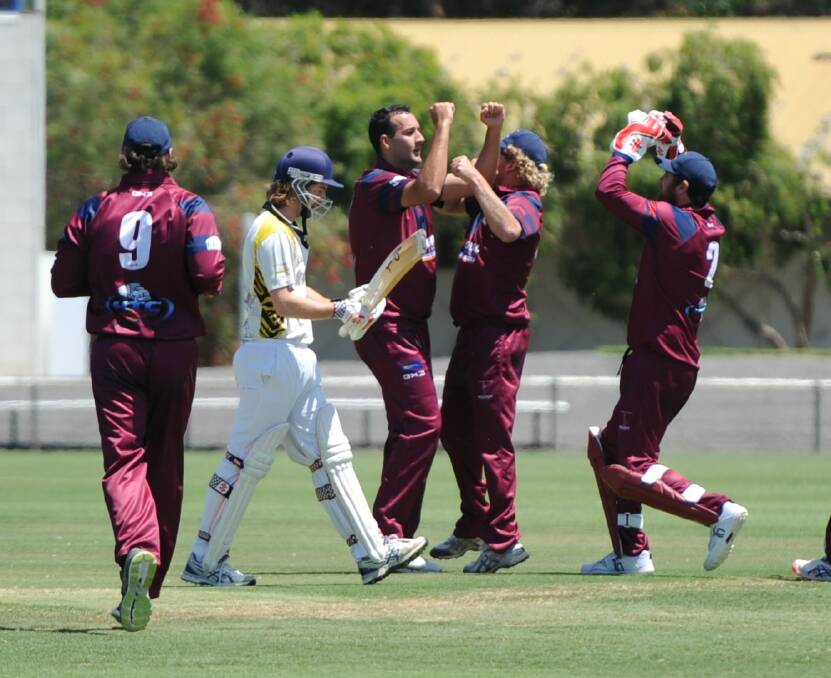 SEE YA LATER: Noradjuha-Toolondo's Tony Caccaviello celebrates one of his five wickets against Jung Tigers earlier this season. Picture: RICHARD CRABTREE
