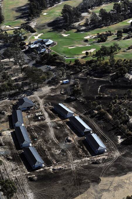 An aerial photograph shows the damage sustained by the Horsham Golf Club and the resort development in the 2009 Remlaw fire. 