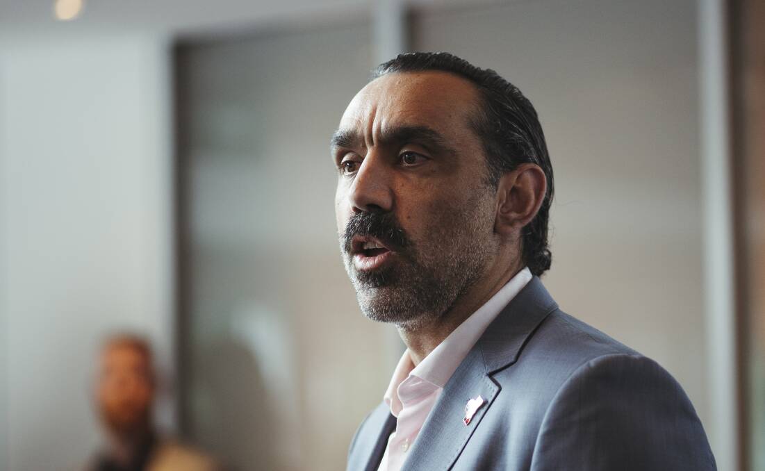 Adam Goodes speaking at an event in Canberra last year. Picture: Dion Georgopoulos