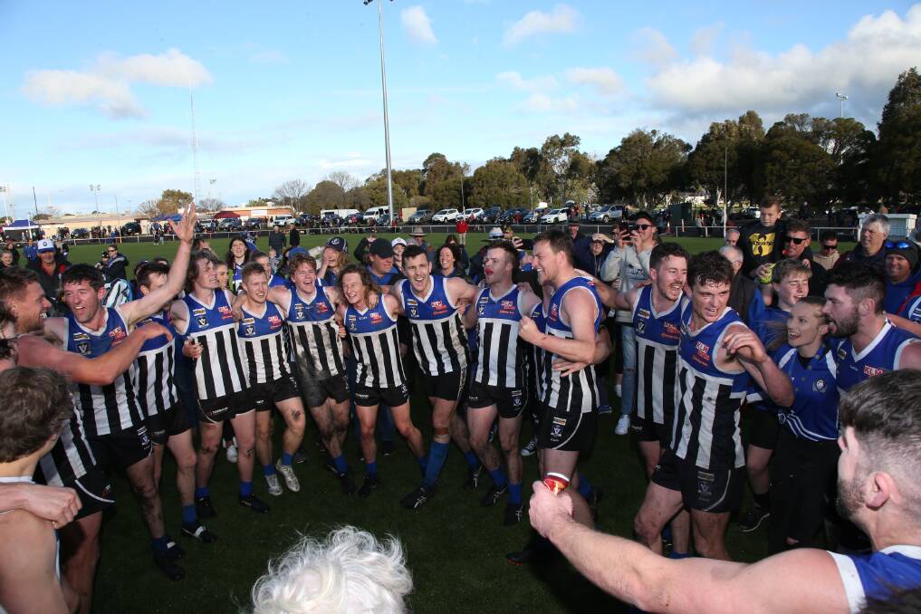 Minyip-Murtoa's premiership winning side sing the song. Picture: PETER PICKERING
