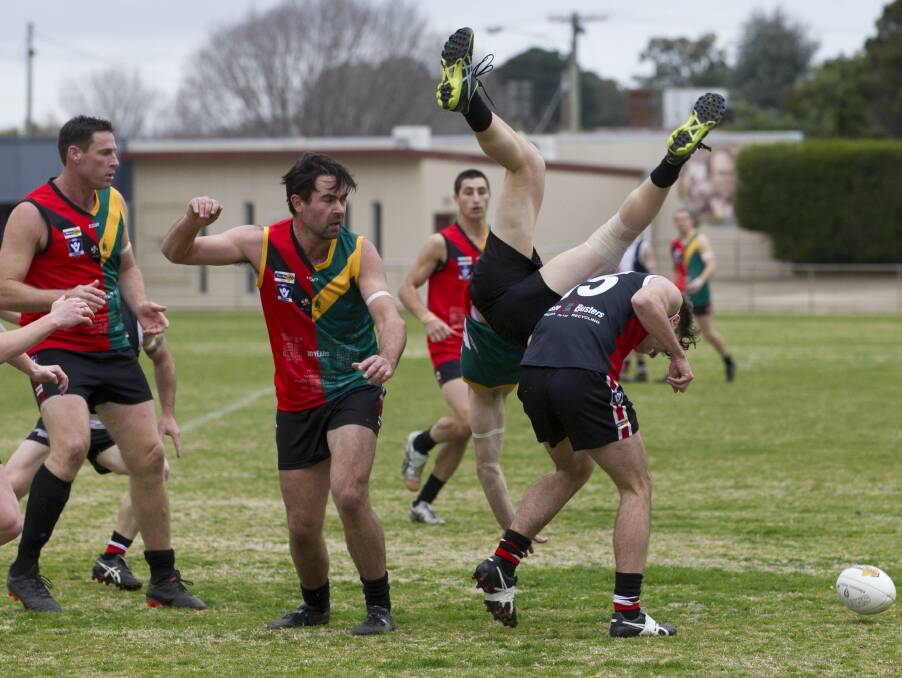 Charlie Nield comes down the hard way against the Horsham Saints in round 15. Picture: PETER PICKERING