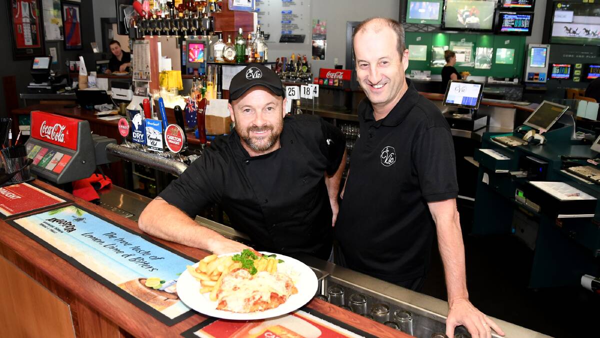 DINING FOR A CAUSE: The Vic Hotel Horsham head chef Peter Rossbotham and owner John Brennan are just one of the Wimmera venues participating in the Parma for a Farmer campaign. Picture: SAMANTHA CAMARRI