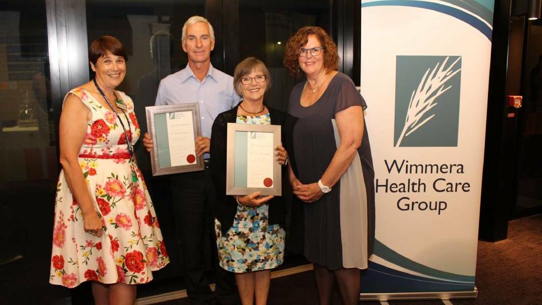 Wimmera Health Care Group chief executive Catherine Morley, Denise Leembruggen, David Leembruggen and board chairwoman Marie Aitken. Picture: CONTRIBUTED