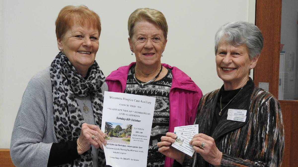 GREAT DAY OUT: Mary Ross, Denise McKenzie and Nola Bellinger prepare for the Wimmera Hospice Care Auxiliary bus trip to Narrapumelap Homestead and Gardens at Wickliffe next month. Picture: CONTRIBUTED