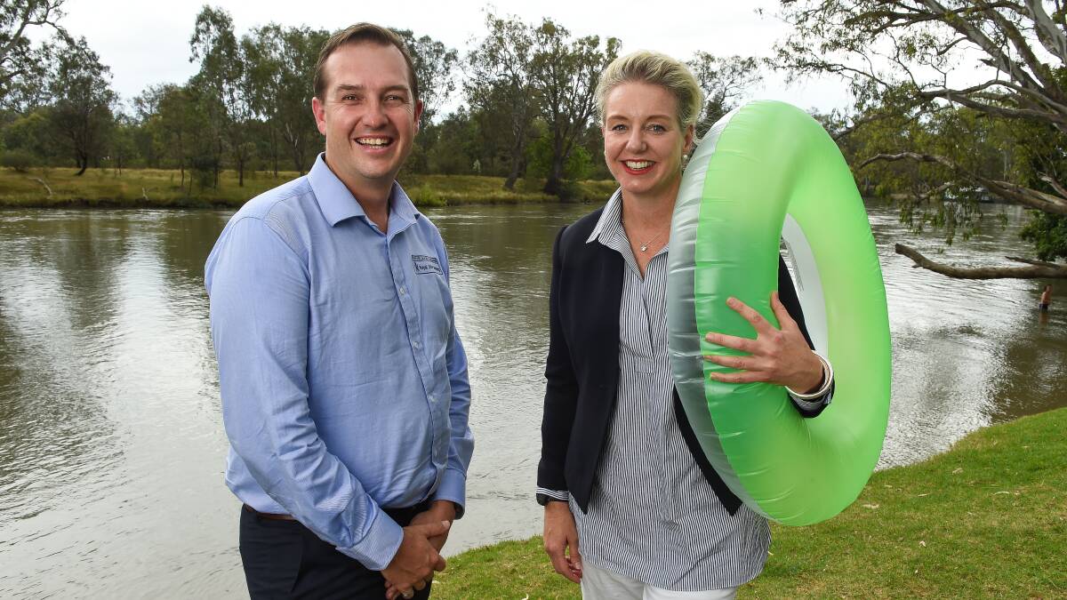 STAY SAFE: Royal Lifesaving Society national manager Craig Roberts and federal sports minister Bridget McKenzie spread the message about staying safe near water at Noreuil Park in Albury. Picture: MARK JESSER