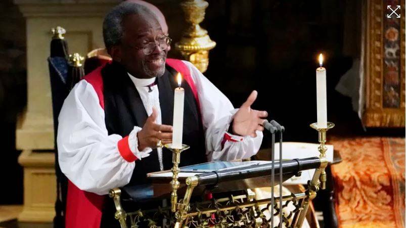  The Most Rev Bishop Michael Curry, primate of the Episcopal Church, veering off script. Photo: AP


