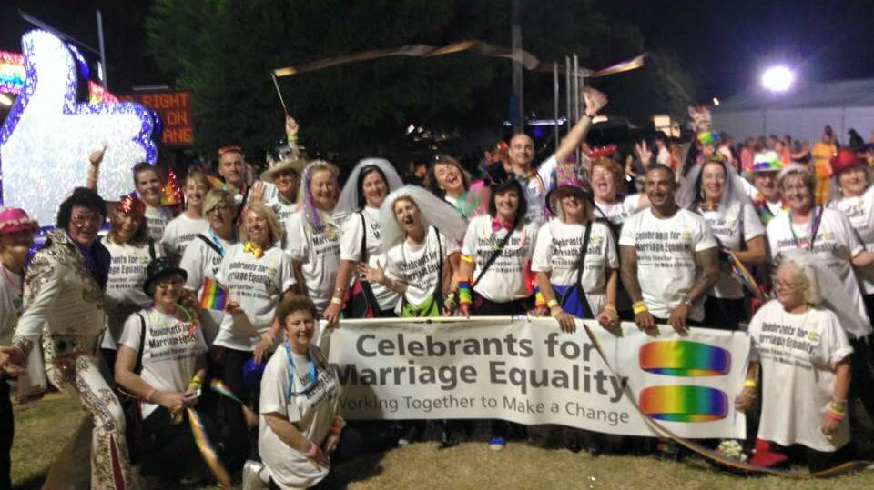 Robyn Foster and fellow members of the Wollongong celebrant community joined the parade down Oxford St in support of marriage equality.