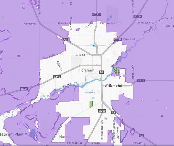 The NBN rollout map for Horsham as of October 2016. Purple areas are designated to receive fixed wireless connections. Picture: NBN