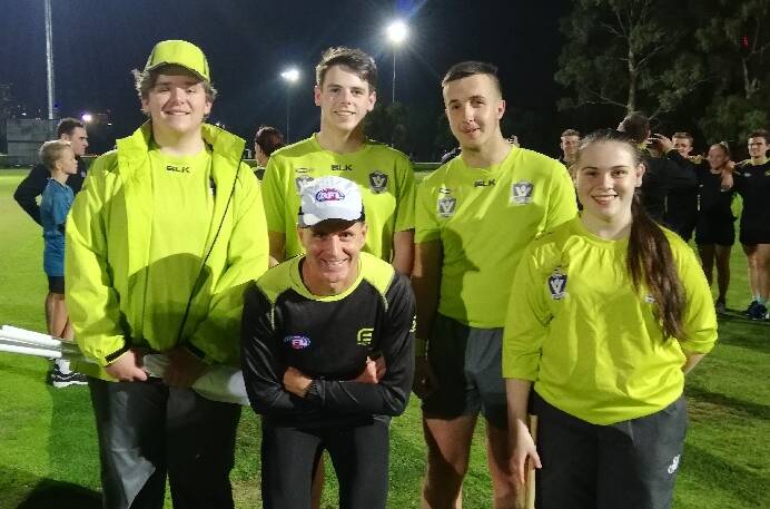 PATHWAY: Three young Wimmera umpires with veteran AFL Umpire Dean Margetts. The youngsters attended a training session with the AFL umpires earlier this month.