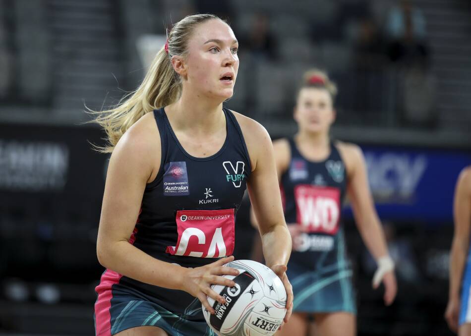 FOCUSSED: Sacha McDonald playing with the Victorian Fury. Picture: Grant Treeby/Netball Victoria