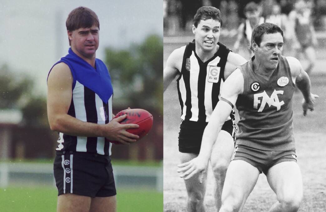 BEFORE AND AFTER: Left, Minyip-Murtoa coach Peter McFarlane modelling the first proposed new jumper in for the Burras in April 1995; right, players from Murtoa and Minyip battle for possession in the 1994 elimination final.