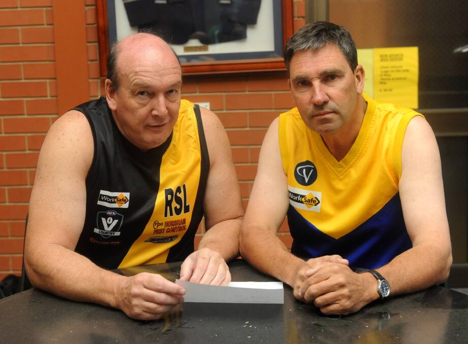 NATIMUK UNITED UNDER ONE BANNER: Horsham United president Peter Miller and Natimuk chairman Andrew Carine. The merger became official with the vast majority of members voting in favour of the merge in February 2014.