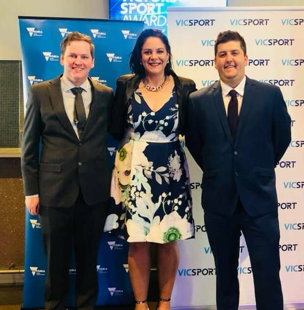 Wimmera Regional Sports Assembly's Matthew Jolly, Rebecca McIntyre and Nic Baird at the awards night on Wednesday. Picture: CONTRIBUTED