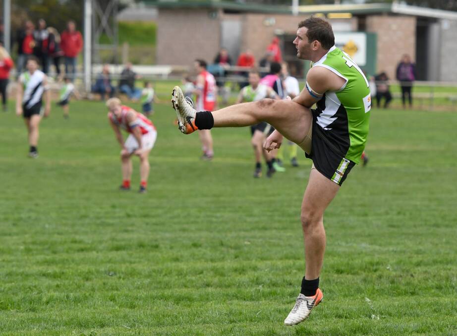 Peter Weir kicks on goal. Weir finished second in the league's goalkicking. Pictures: SAMANTHA CAMARRI