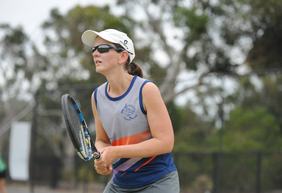 Sandra Casey playing for Drung South earlier this Central Wimmera Tennis Association pennant season.
