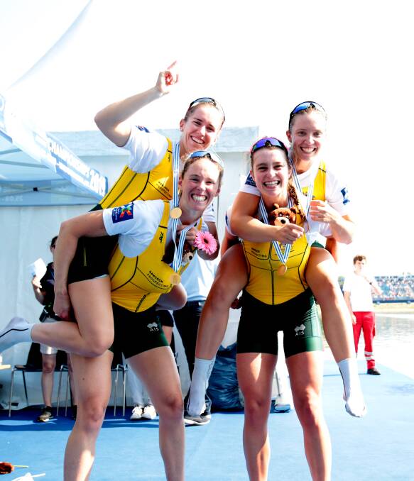 The women's coxless four celebrate after World Championship success. Picture: ROWING AUSTRALIA