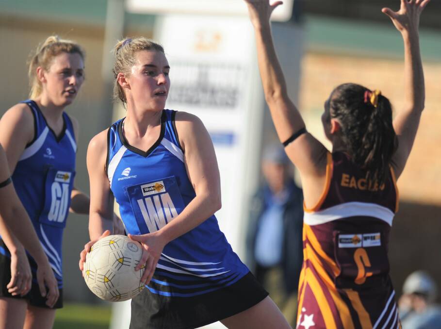 Sheridan Petering keeps her balance against the Warrack Eagles at the weekend. Minyip-Murtoa have been nominated for an AFL Victoria award. Picture: MATT CURRILL